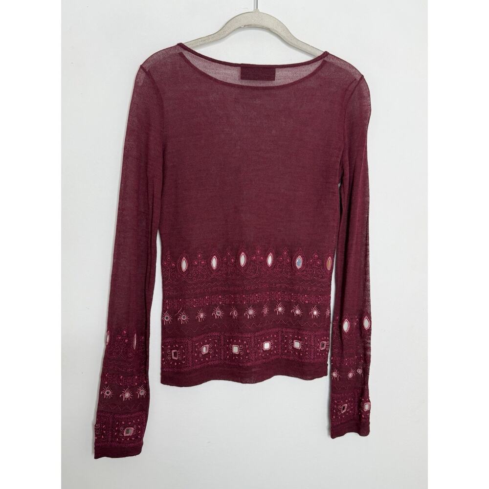 Karen Millen Women's Maroon Embroidered Mesh Sheer Boho Blouse Size 10 - Picture 7 of 10